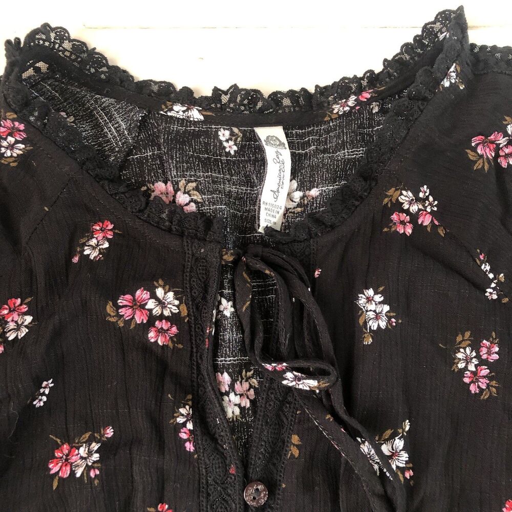 AMERICAN RAG Black Floral Smocked Peasant Dress Long Sleeve Size Medium - Picture 10 of 14